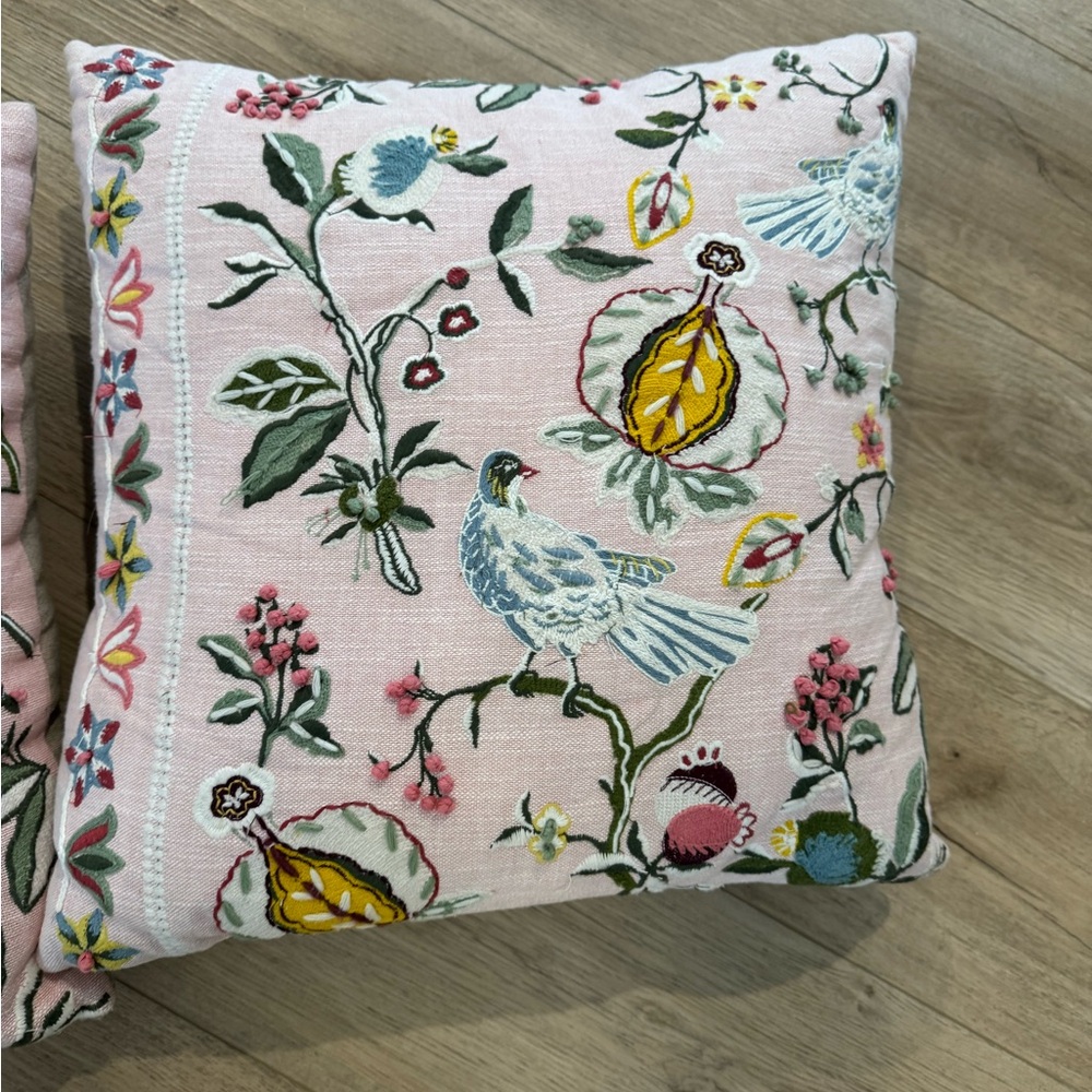 18” Crewel Embroidered Decorative Two Pillow Pink With Birds Floral Pomegranate - Picture 5 of 6